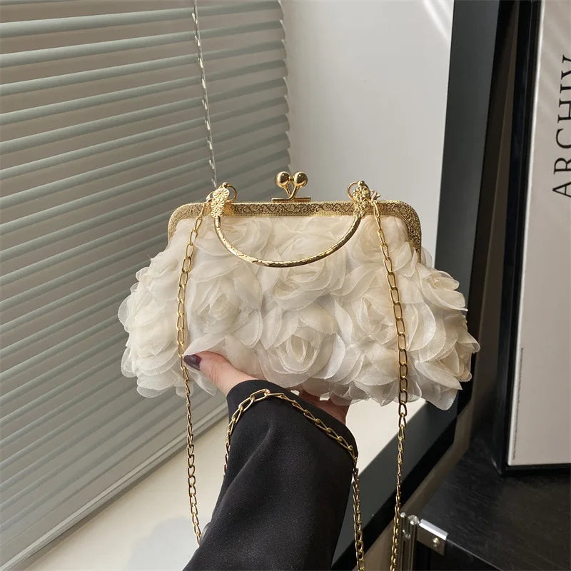 Luxury Chain Shoulder Chiffon 3D Flower Banquet Bag