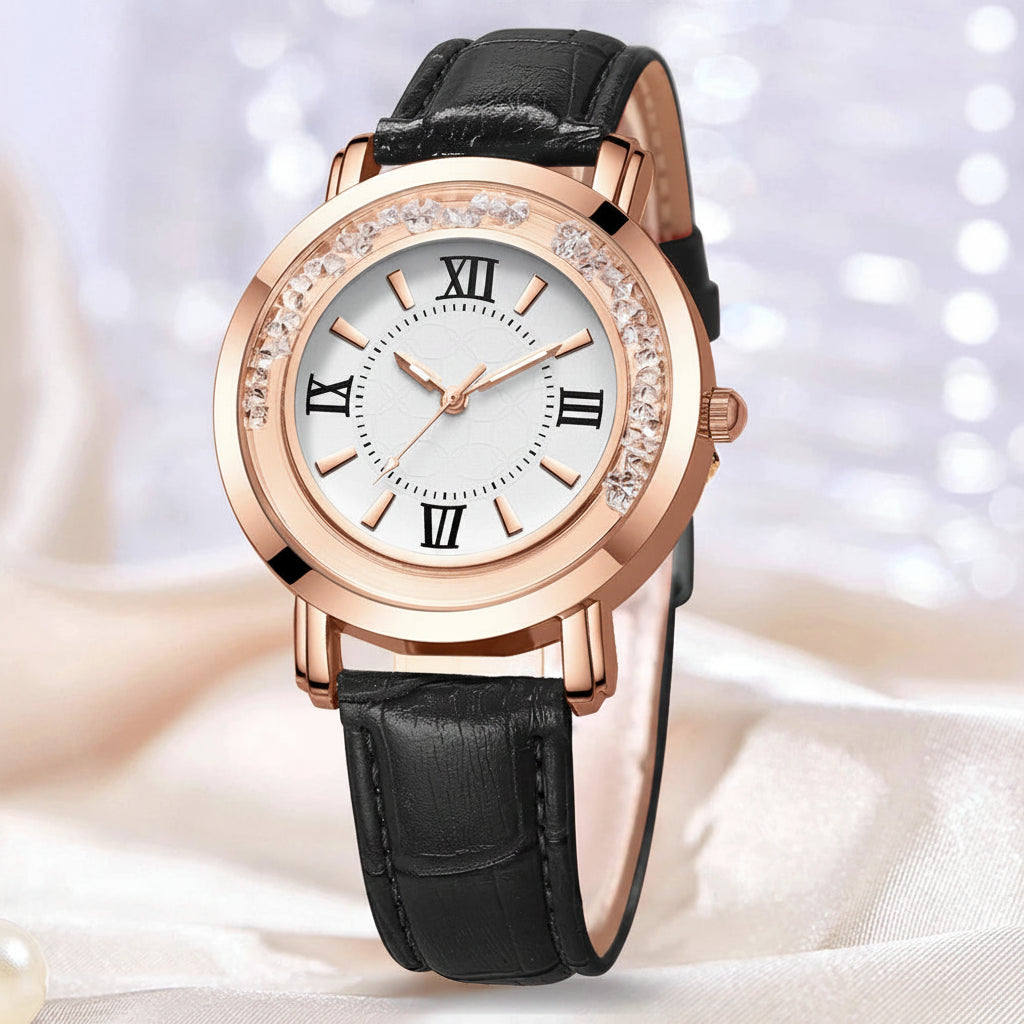 Quartz Leather Strap Diamond Bezel Waterproof Luminous Watch