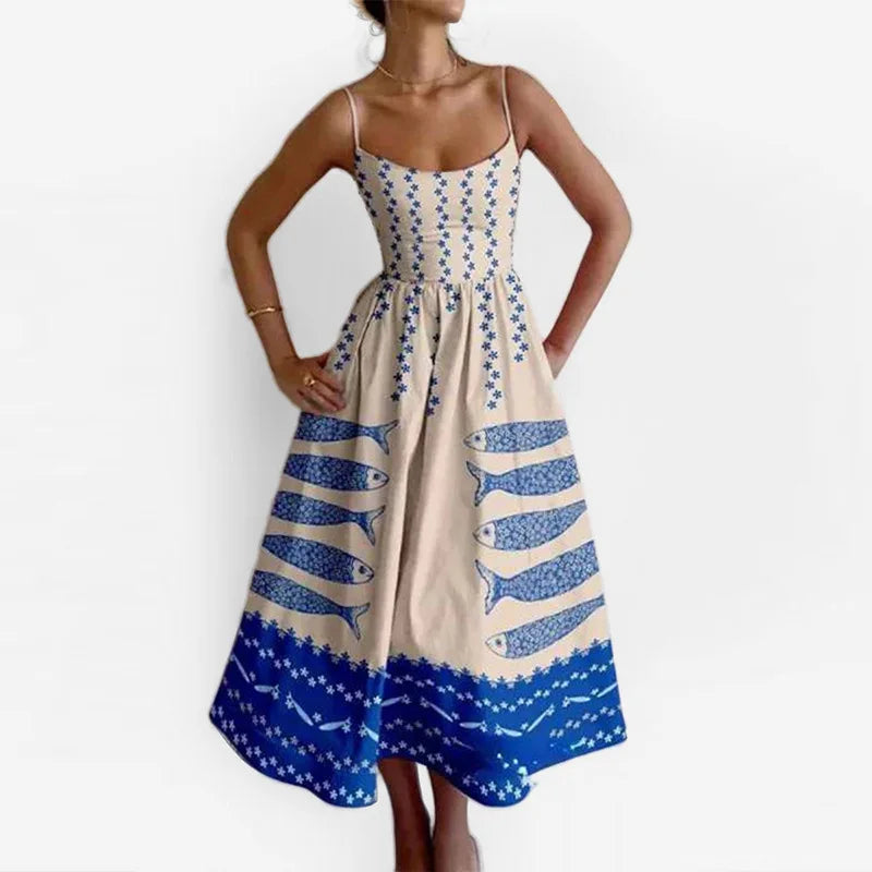 Print Suspenders Blue Ocean Fish Pattern Sexy Long dress