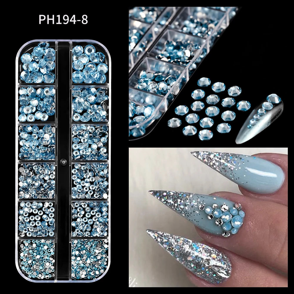 12Gird 3D Glass AB Crystal Nail Art Rhinestones Kit