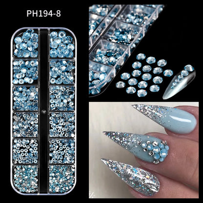 12Gird 3D Glass AB Crystal Nail Art Rhinestones Kit