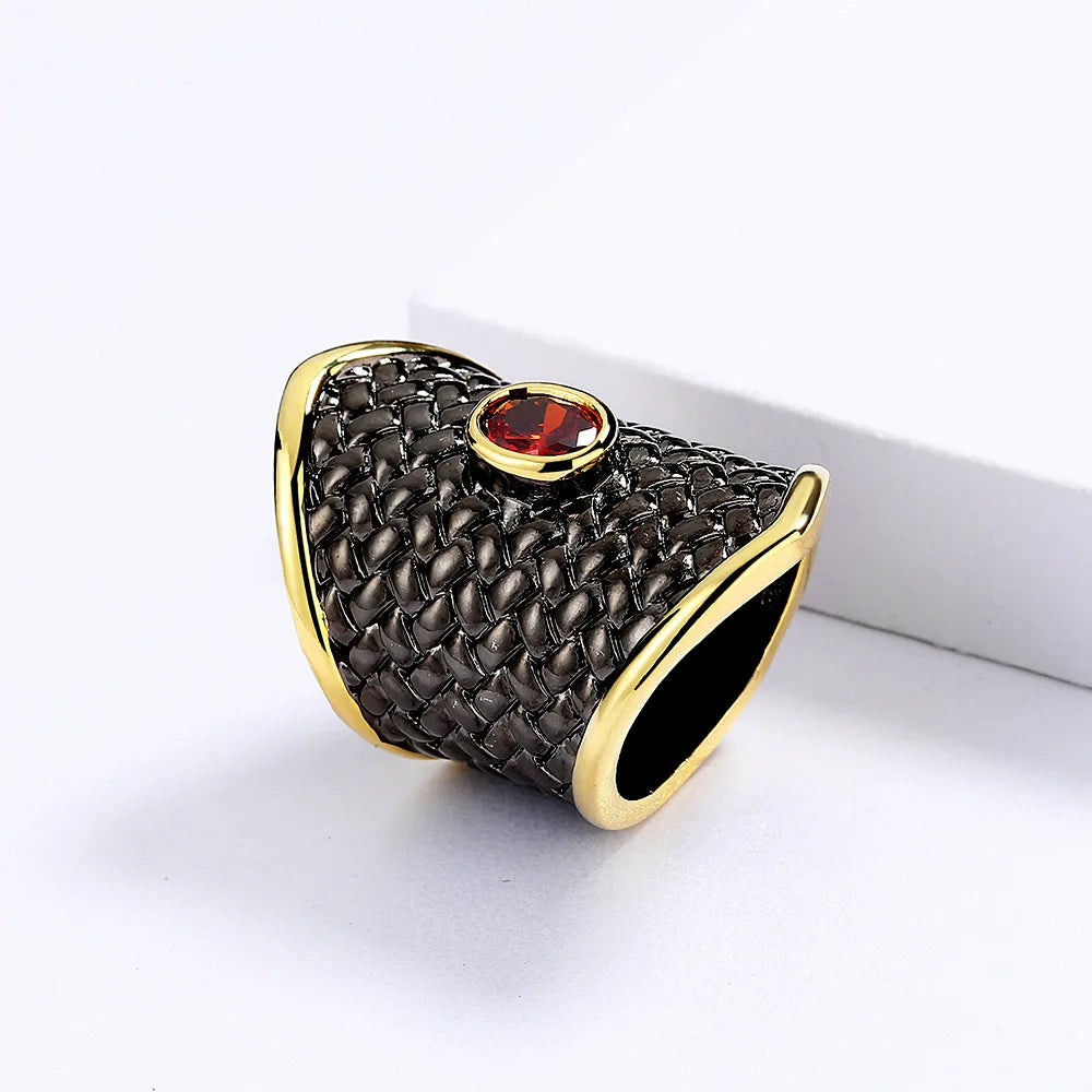 Exaggerated Black Gold Red Zircon 925 Stamp Irregular Geometric Shape Ring