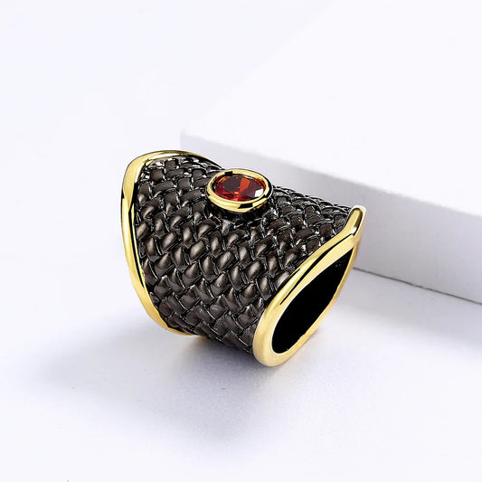 Exaggerated Black Gold Red Zircon 925 Stamp Irregular Geometric Shape Ring