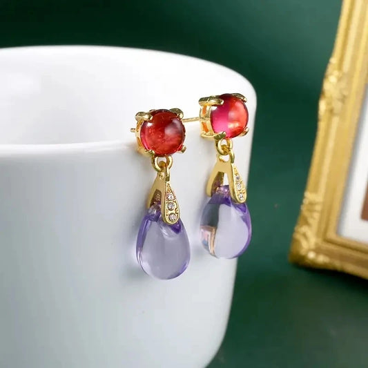 Luxurious Gold Red Stone Amethyst Sparkling Drop Earring Set