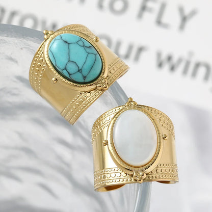 Bohemia Turquoise Natural Stone Wide Open 14K Gold Plated Stainless Steel Ring