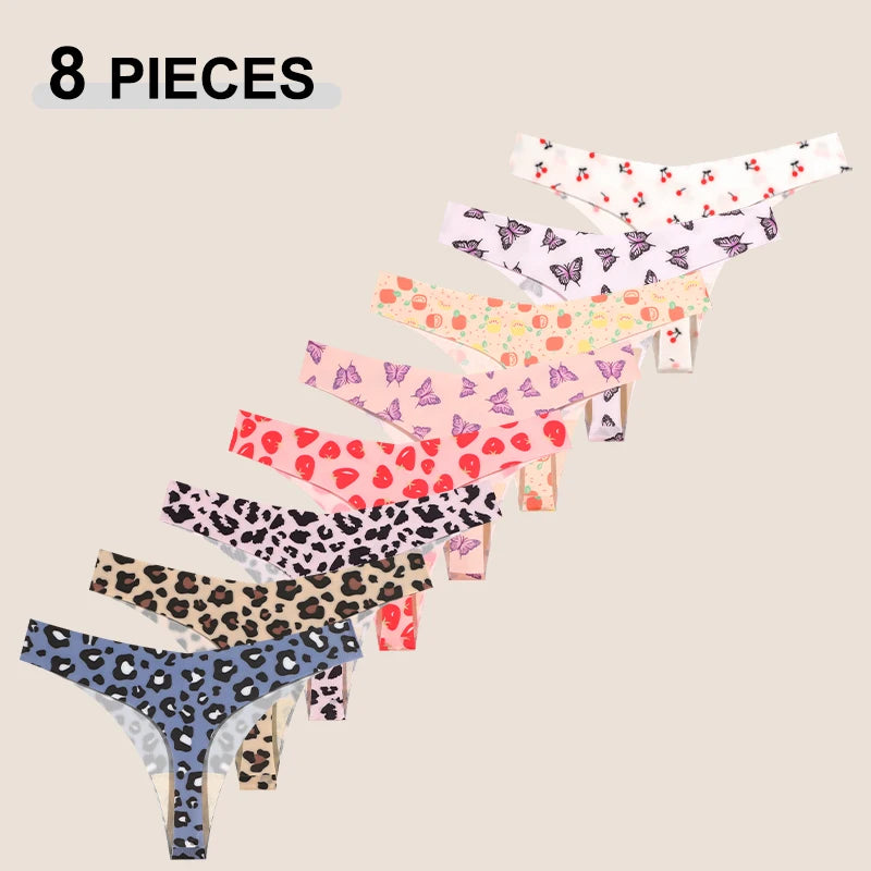 8Pcs/Set Traceless Ice Silk Low Waist Sexy Butterfly Leopard Print Lingerie