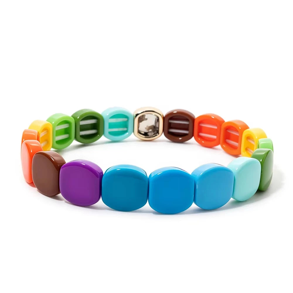 Colorful Acrylic Beaded Elastic Handmade Rainbow Color Bracelets