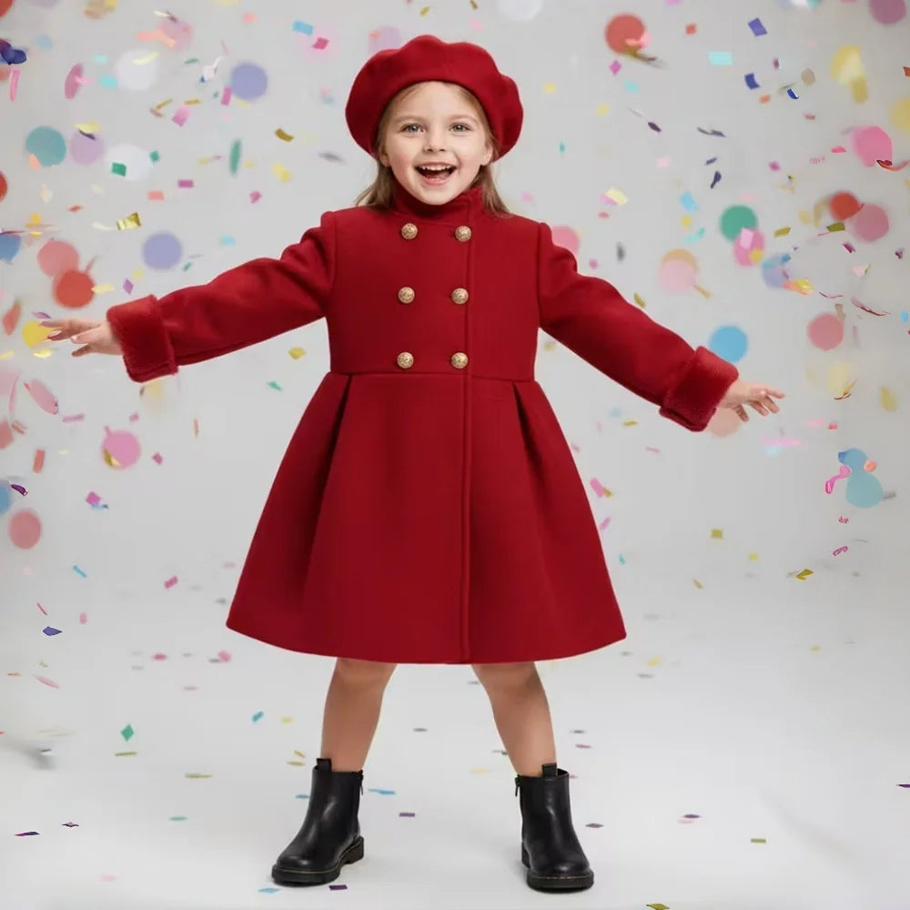 Red Fleece Coat Beret Winter Long Sleeves Warm Princess Outfit Dress