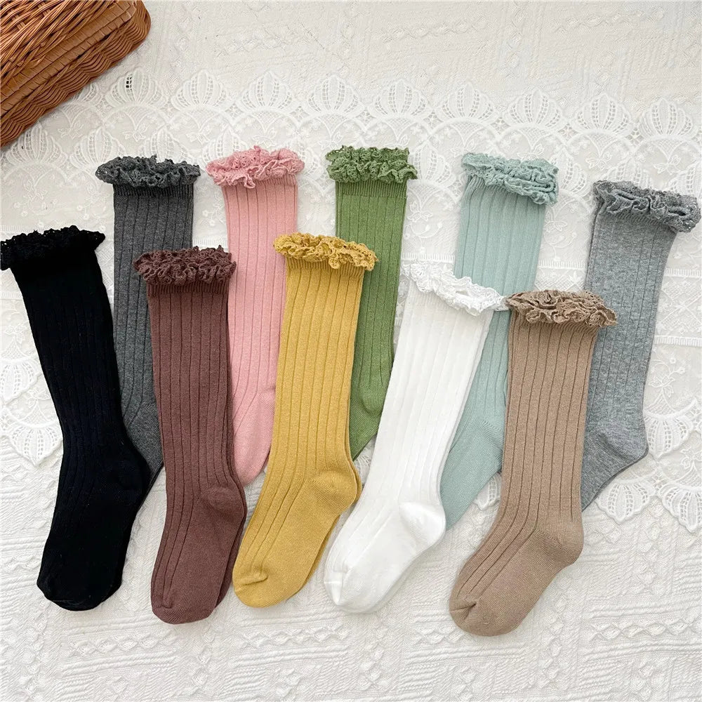 Ruffle Knee High Socks Baby Girls Toddlers Long Soft Cotton Sock 0-8Years