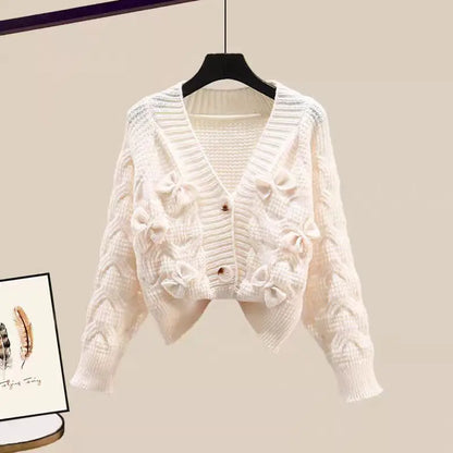 Korean Sweet Bow Outfit Long Sleeve Cardigan Knitwear Wide Leg Pants Set