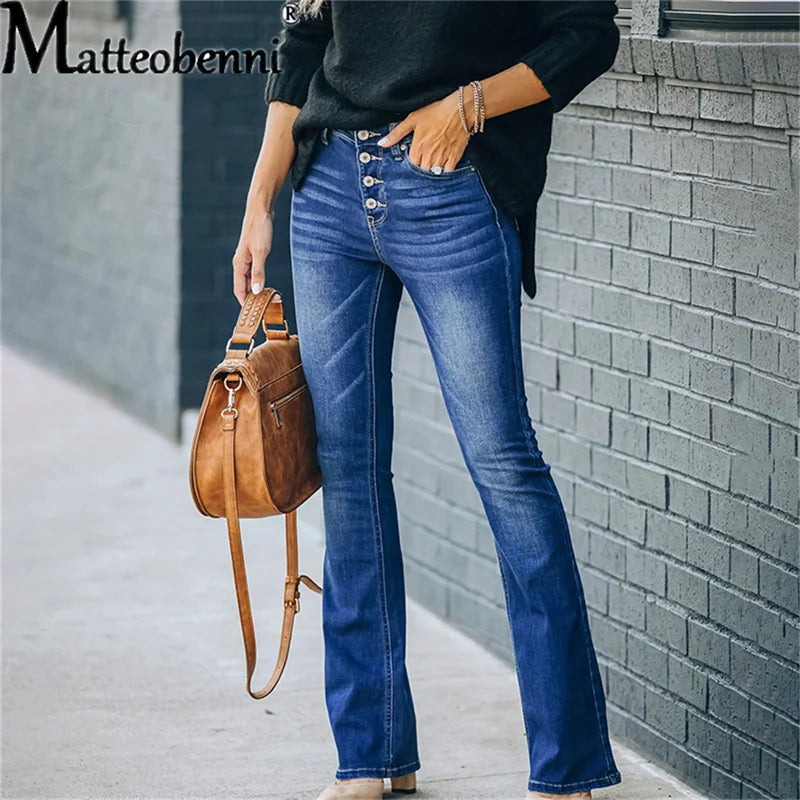 Flare Button Fly Vintage Stretch Casual Slim Jeans