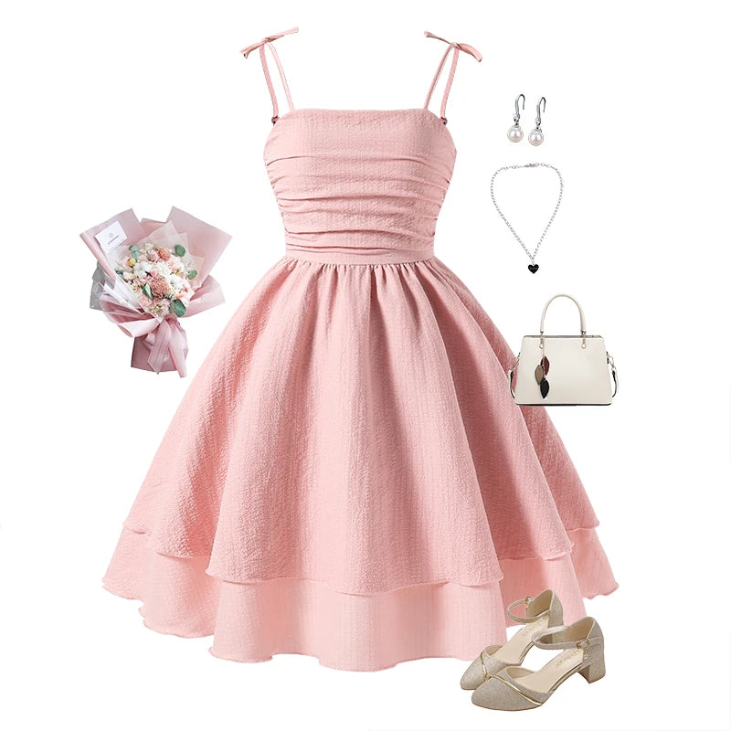 Pink Tiered Sling Princess Sweet Style Tween Girls Dress