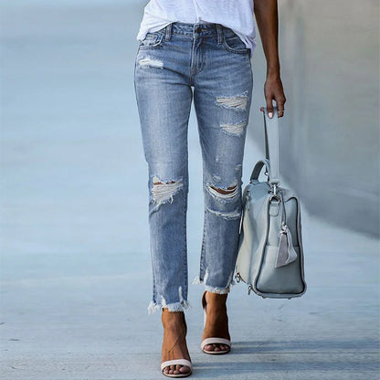 Broken Holes Tassel Straight Mid-waist Button Splicing Jeans