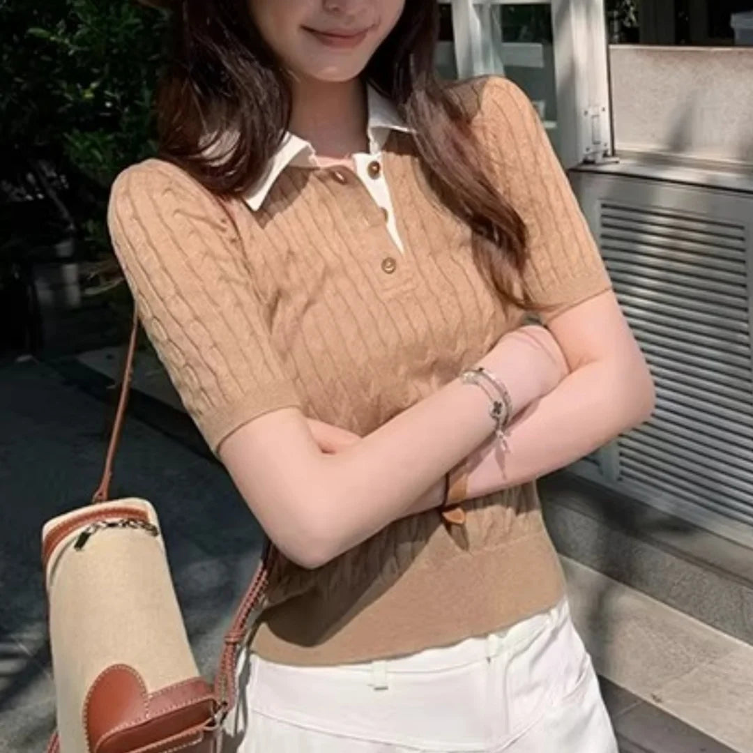 Sueter Feminino Turn Down Collar Knitted Sweater Short Sleeve Knit Pullover