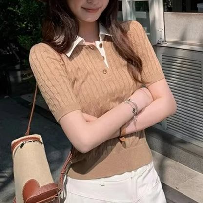 Sueter Feminino Turn Down Collar Knitted Sweater Short Sleeve Knit Pullover