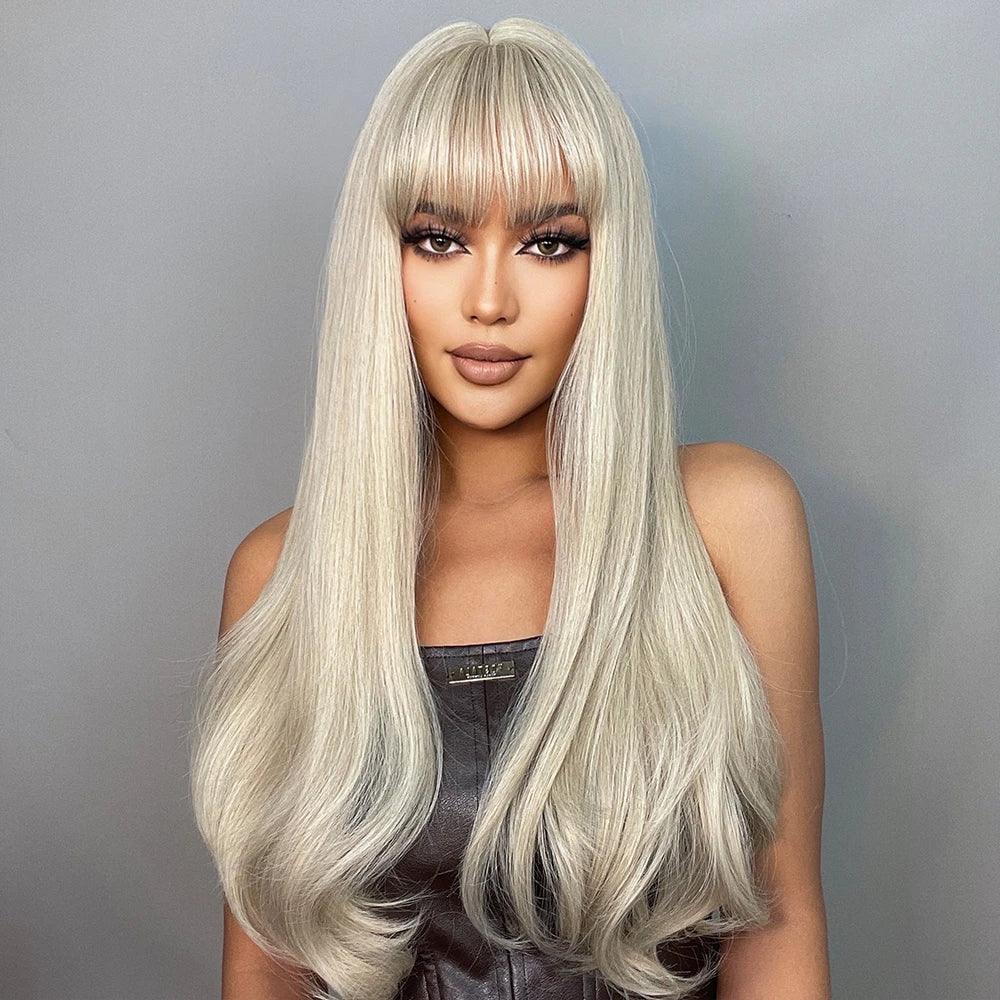 Long Natural Wavy Platinum Blonde Wigs