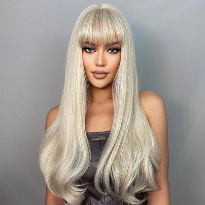 Long Natural Wavy Platinum Blonde Wigs