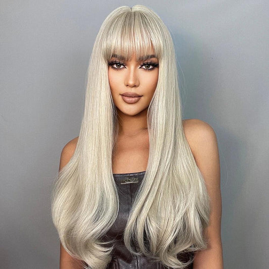 Long Natural Wavy Platinum Blonde Wigs