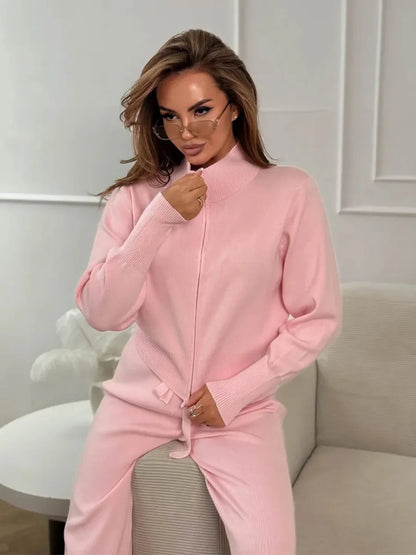 Knit Zip Up Cardigan Wide Leg Soft Fabric Cropped Sets