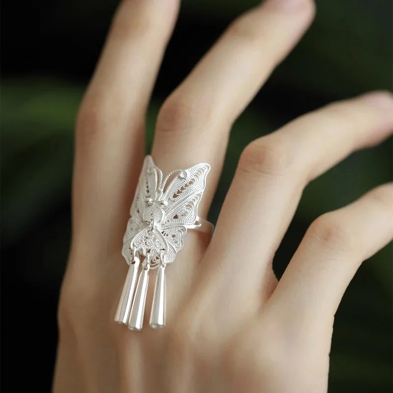 Silver Geometric Handmade Irregular Tassel Ring