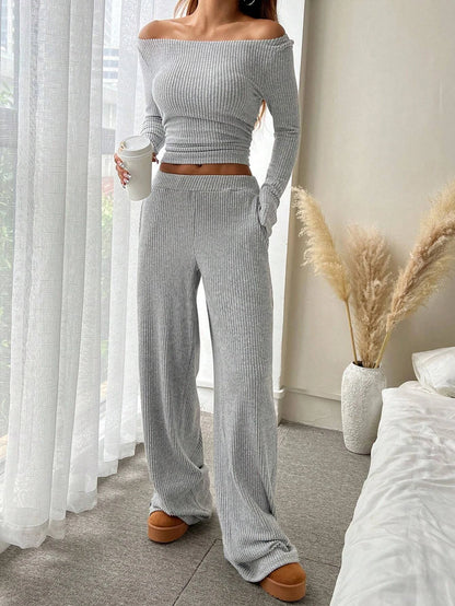 Ribbed Loose-Fit Crew-Neck Top and Pocketed Wide-Leg Pants Set
