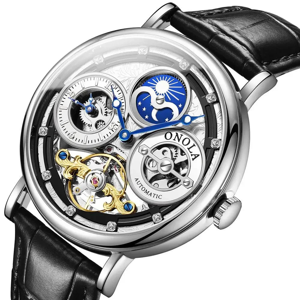 Automatic Movement Dual Time Zone Moon Phase Waterproof Tourbillon Mechanical Watch