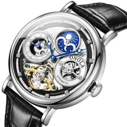 Automatic Movement Dual Time Zone Moon Phase Waterproof Tourbillon Mechanical Watch