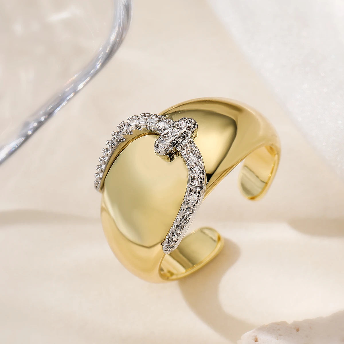 Gold/Silver Geometric Shiny AAA CZ Inlay Copper Rings