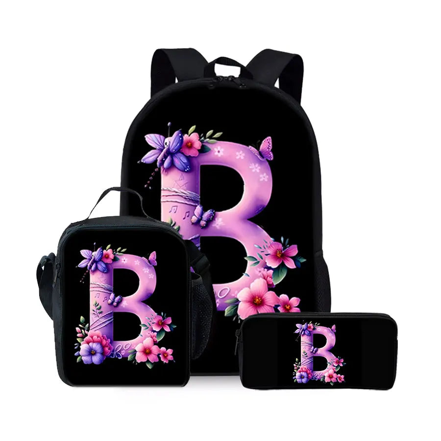 English Alphabet Pattern 2D Flat Cartoon School Backpack Three Piece Set