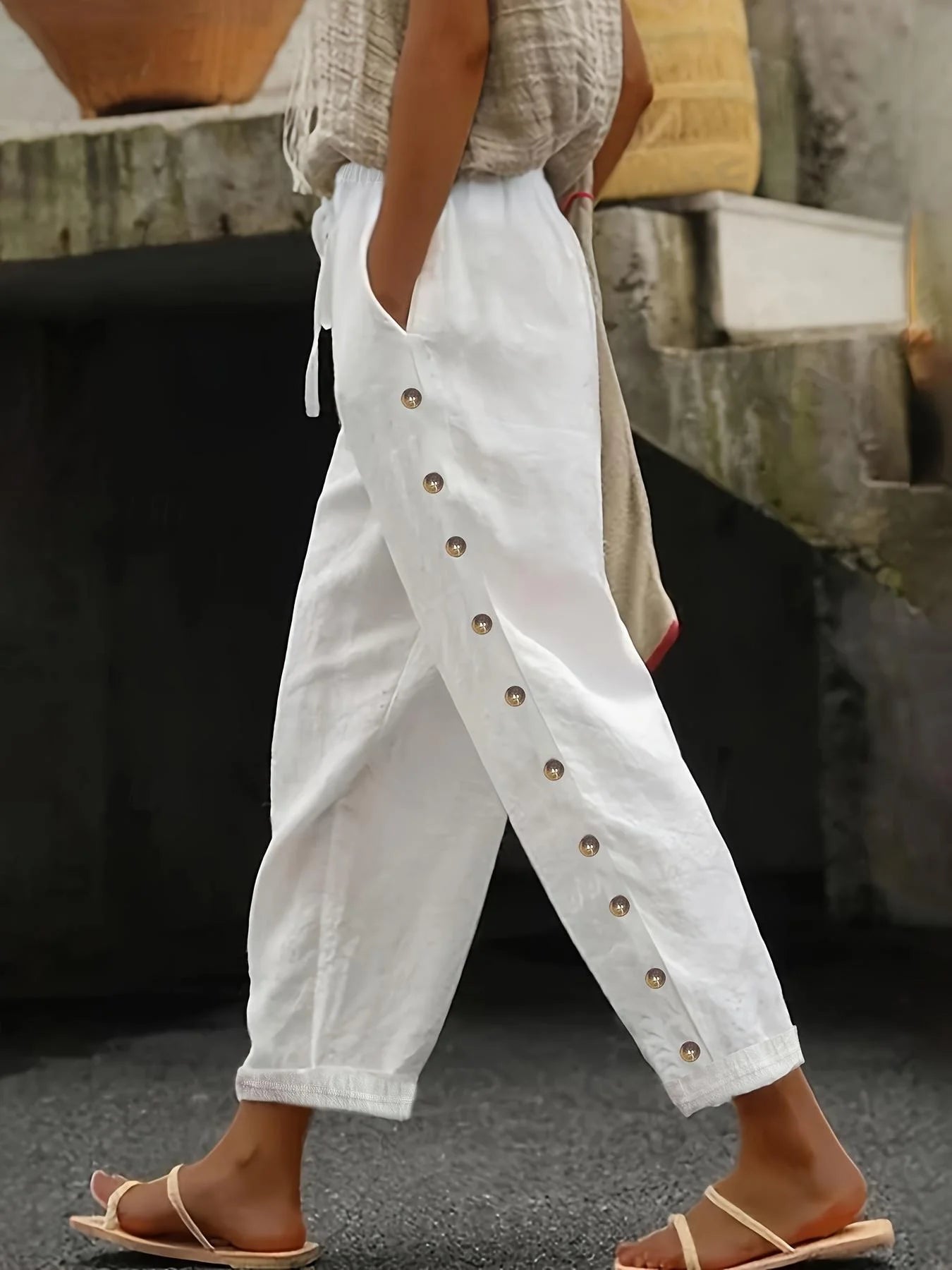 Elastic Waist Relaxed Fit Casual 3/4 Length Lounge Pants
