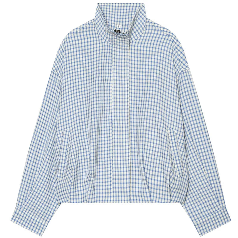 Plaid Bomber Oversized Long Sleeve Top Casual Zipper Jacket