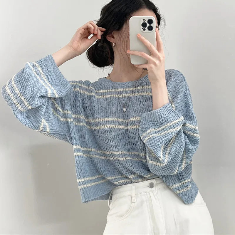 Sunscreen Blouse Hollow Out Pullover Long Sleeve O-neck Loose Sweater
