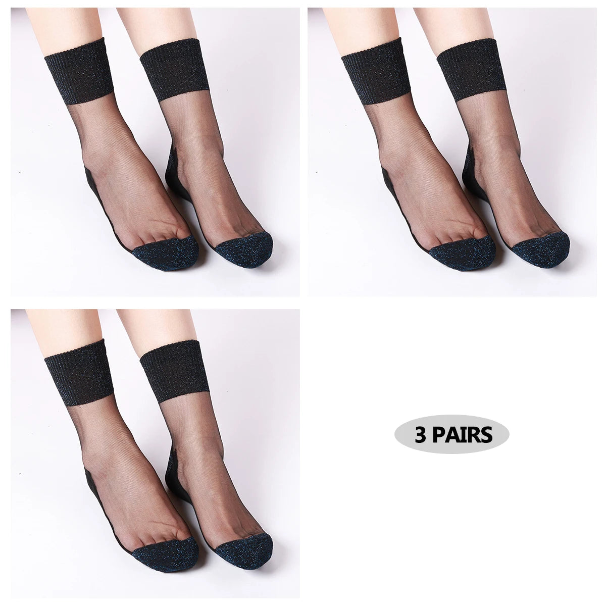 3 Pairs Ultrathin Transparent Glitter Crystal Glass Silk Socks