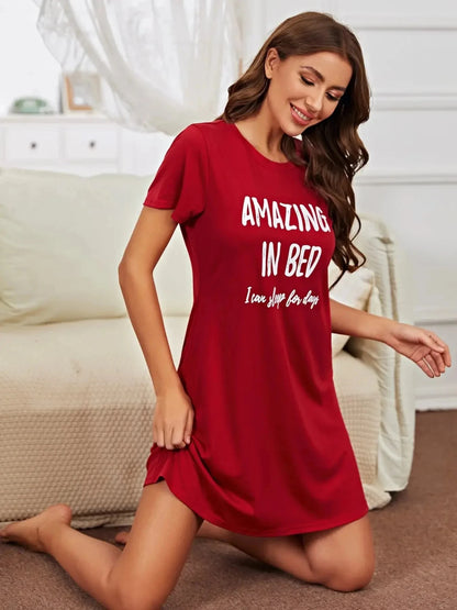 Monogram Print Short Sleeve Loose Round Neck Sleeping Dress Pajamas