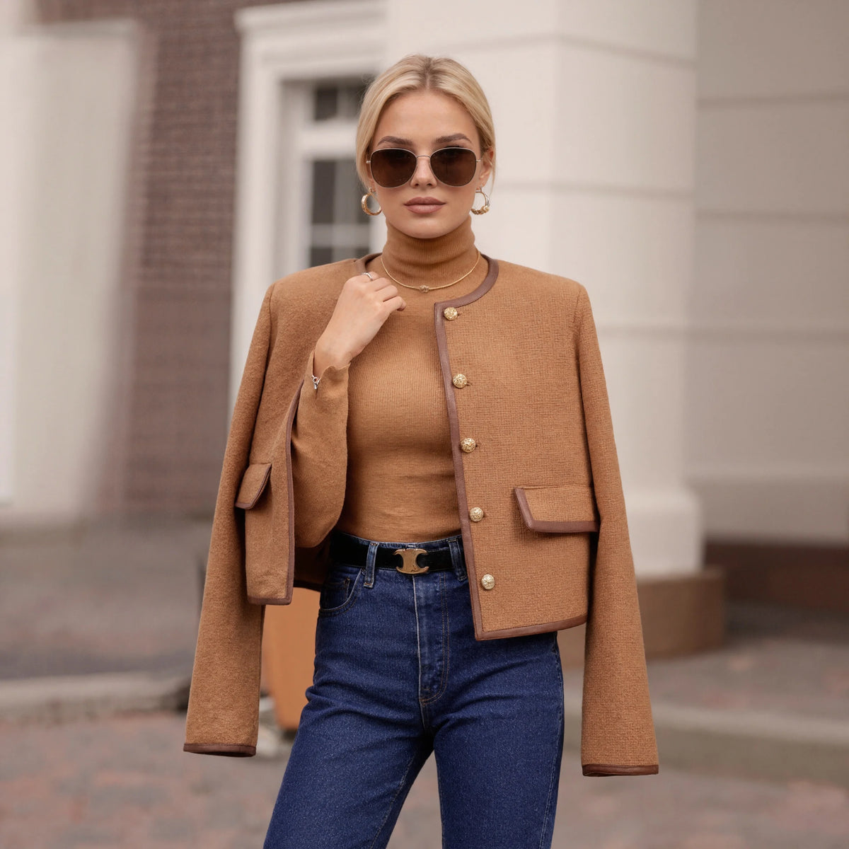 Elegant Camel Tweed Cropped Jacket  Vintage Gold Button O-Neck Short Coat