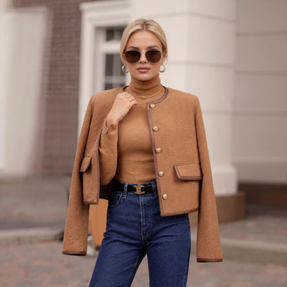 Elegant Camel Tweed Cropped Jacket  Vintage Gold Button O-Neck Short Coat