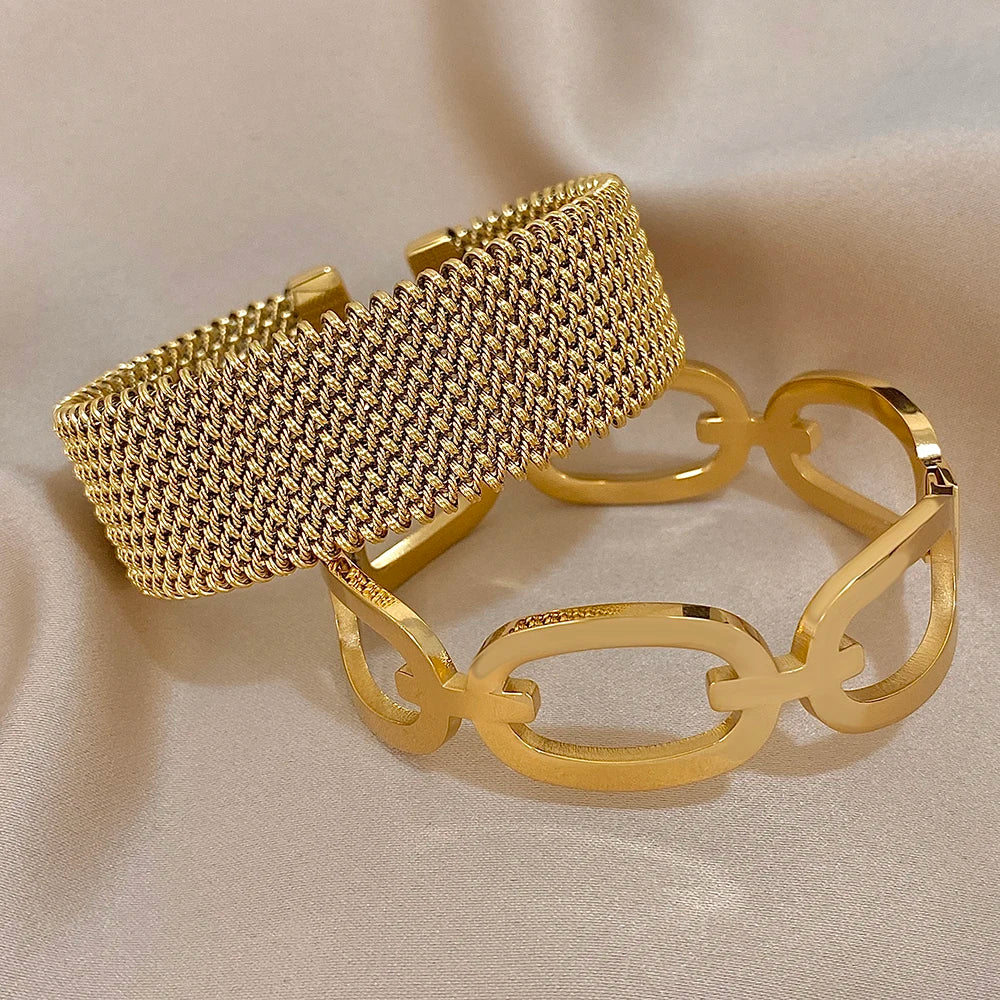 Vintage Y2K Stainless Steel Wide Weave Open Cuff Bangle Bracelet
