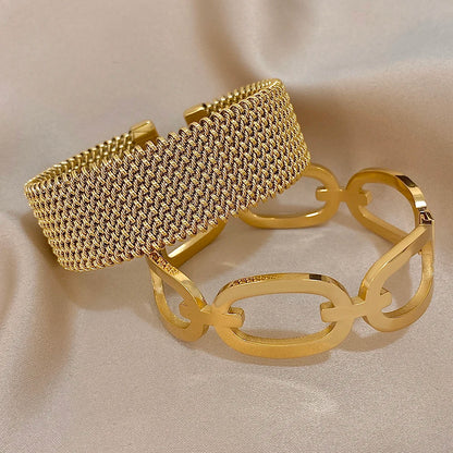 Vintage Y2K Stainless Steel Wide Weave Open Cuff Bangle Bracelet