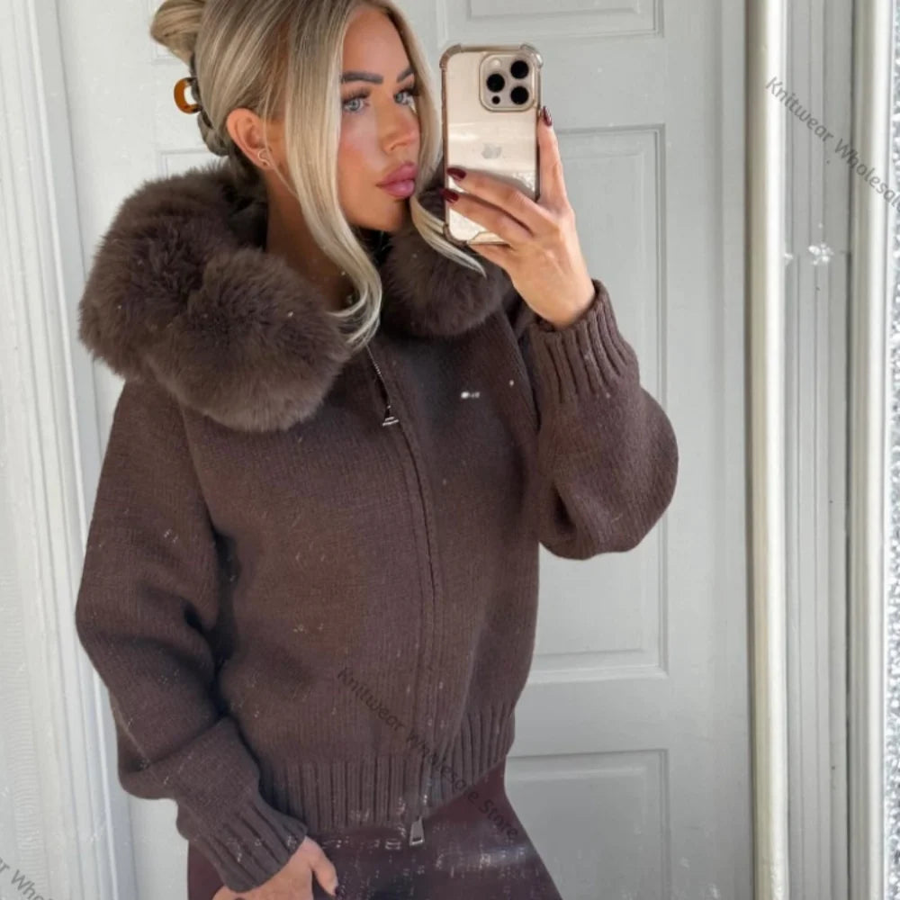 Autumn Winter Casual Hooded Real Fox Fur Collar Short Knitted Jacket