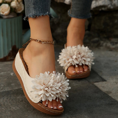 Flower Decoration Wedge Open Toe Slip Sole Sandals