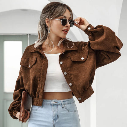 Cropped Corduroy Overcoat Single Breasted Lantern Sleeve Coats Jacket