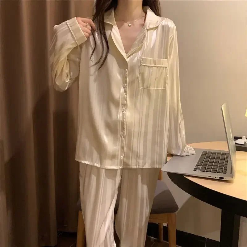Plus Size Stripes Casual Sweet Loungewear Cardigan Sleepwear Pajama Sets