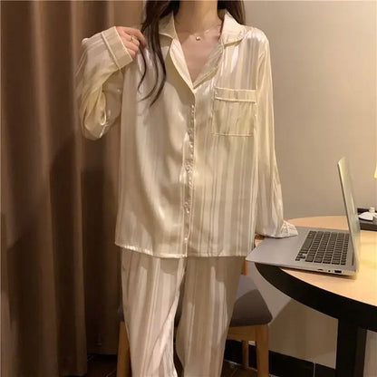 Plus Size Stripes Casual Sweet Loungewear Cardigan Sleepwear Pajama Sets