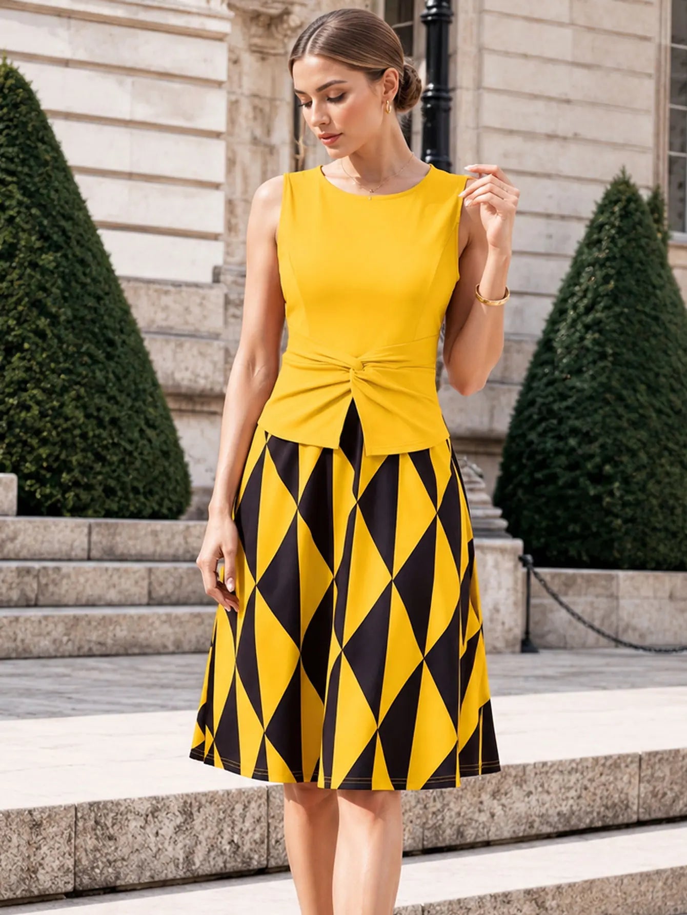 Twist Crew Neck Sleeveless Peplum Polka Dot Fit Swing Dress