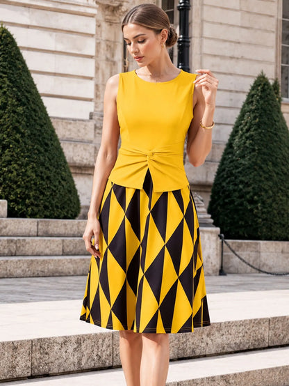 Twist Crew Neck Sleeveless Peplum Polka Dot Fit Swing Dress