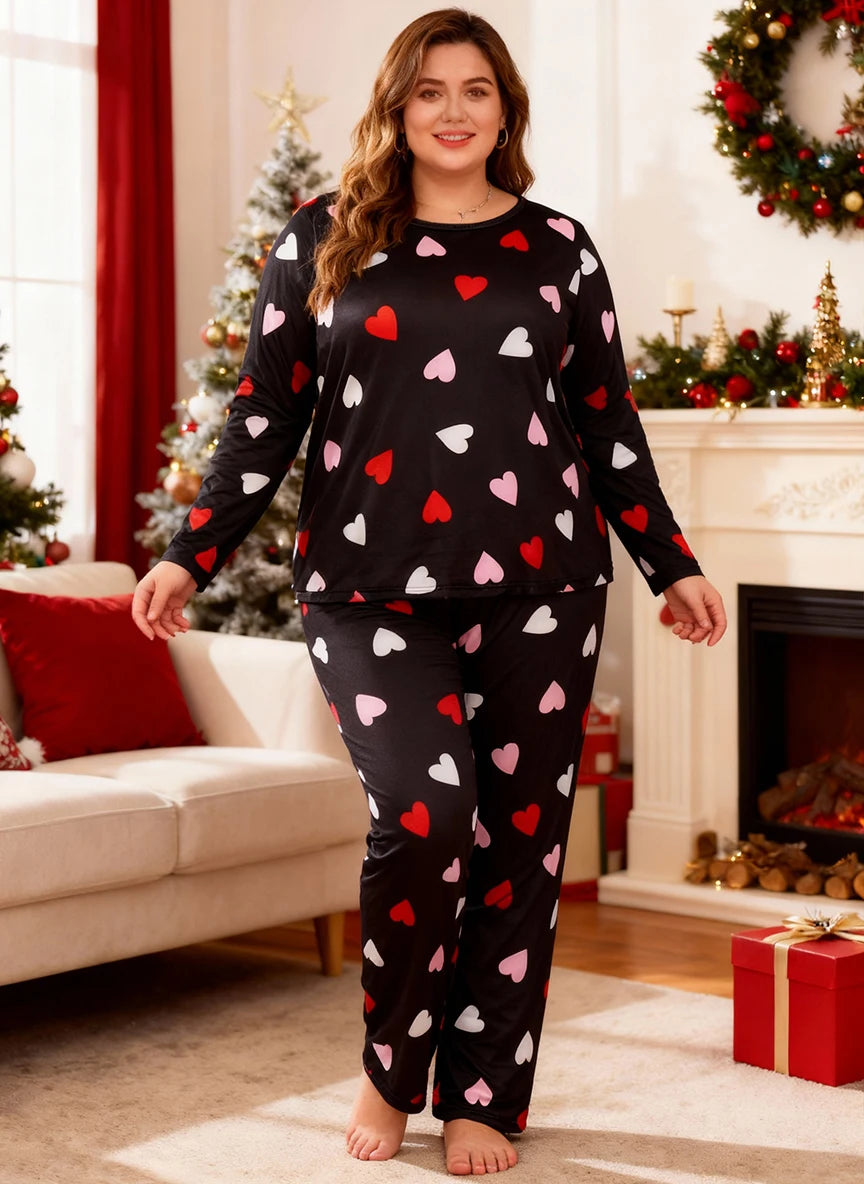 Valentine's Day long-sleeved top with heart print pajamas set