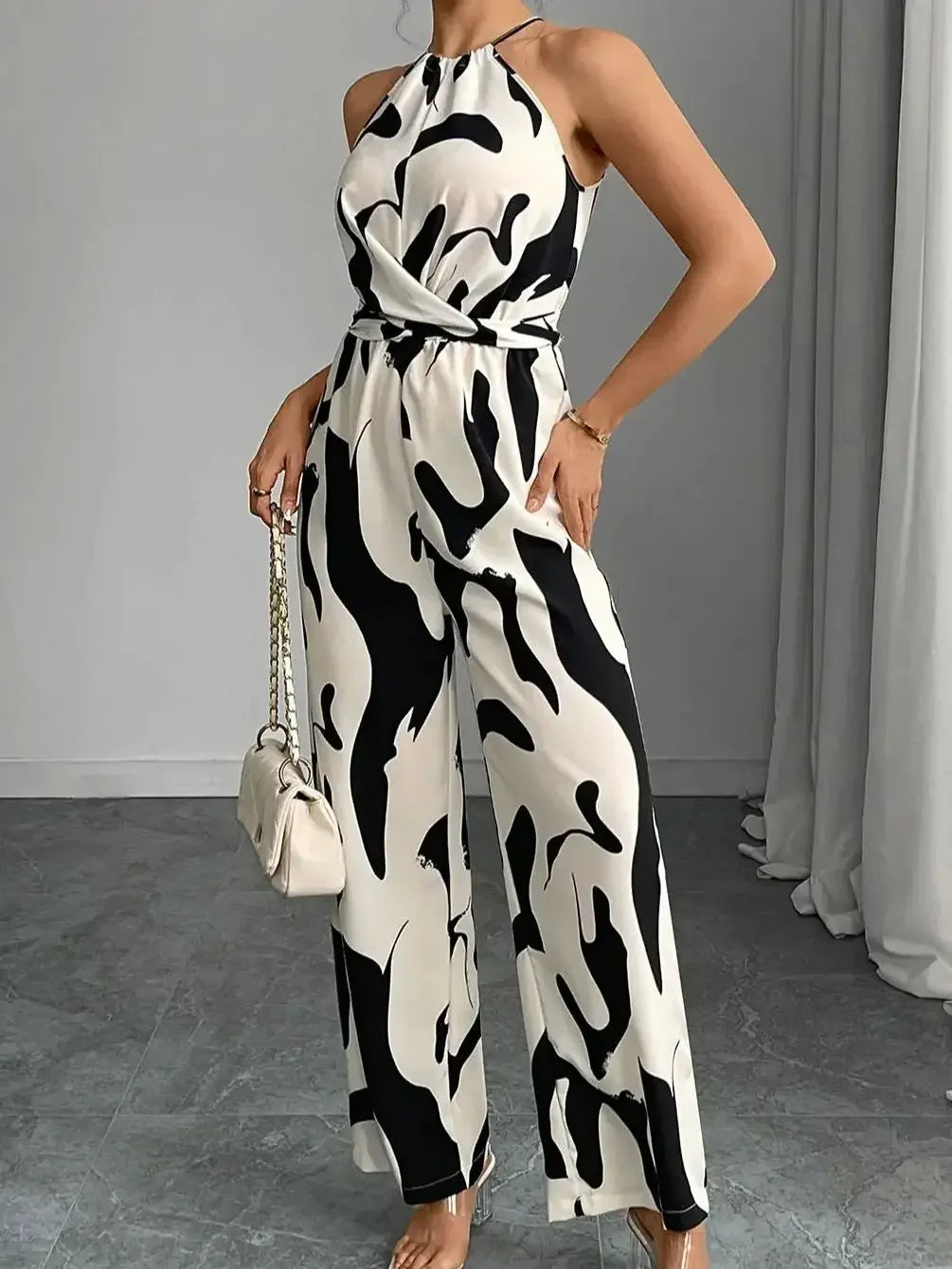 Zebra striped camisole jumpsuit wide leg pants