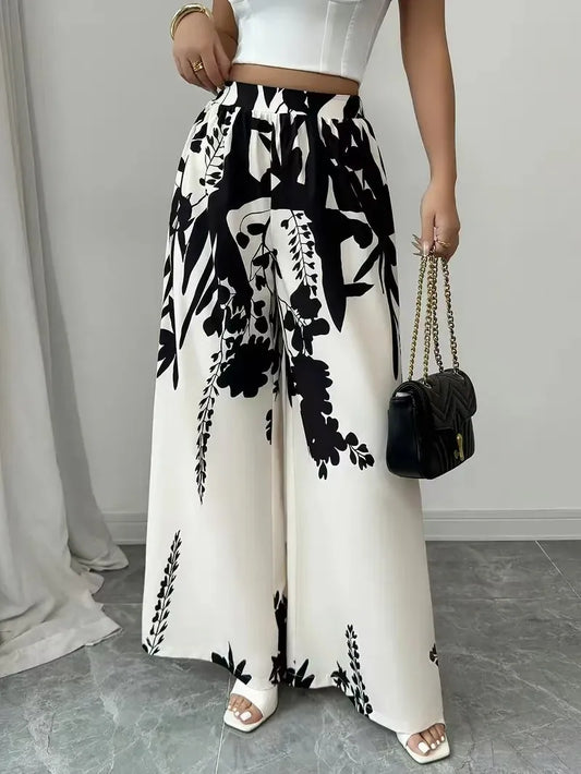 Tropical Print Wide-Leg Slim Fit Pants