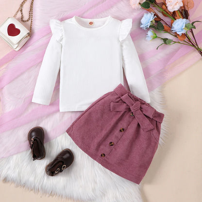 Spring and Autumn White Striped Round Neck Long Sleeved Set