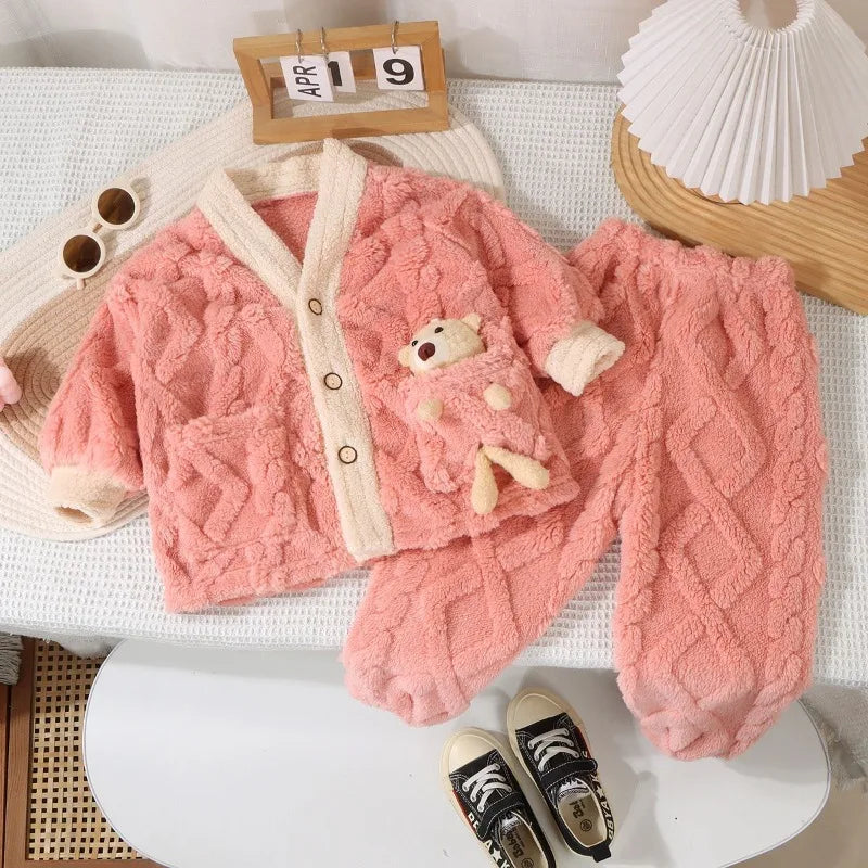 Fleece Thickened Coral Thermal Medium and Older Pajama Set